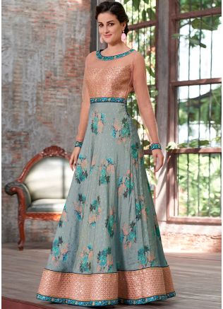 Indo Western Dress: Buy Readymade Turquoise Floral Digital Print Silk Indian Gown Online