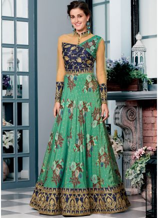 Green Embroidered Silk Printed Readymade Gown