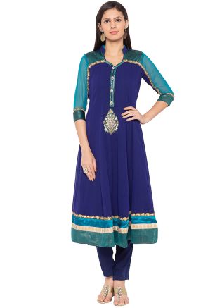 Readymade Flared Long Kurta Pant Set In Blue