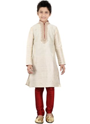 Readymade Cream Art Silk Kids Kurta Pajama