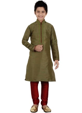 Readymade Dark Olive Green Art Silk Kids Kurta Pajama