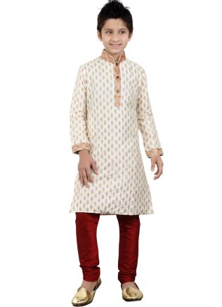 Readymade Cream Art Silk Kids Kurta Pajama