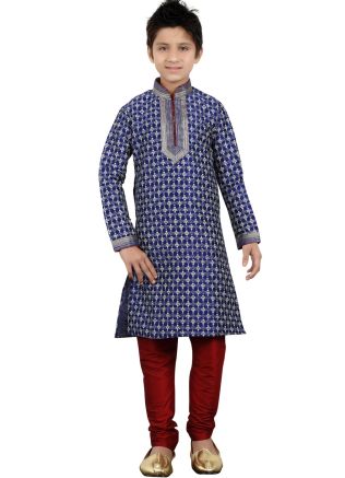 Readymade Navy Blue Art Silk Kids Kurta Pajama