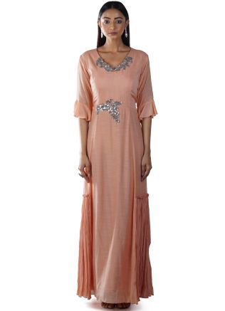 Peach Embroidered Bell Sleeves Readymade Gown