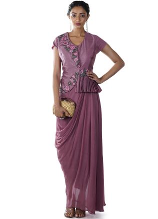 Pink Floral Embroidered Peplum Jacket Style Draped Gown