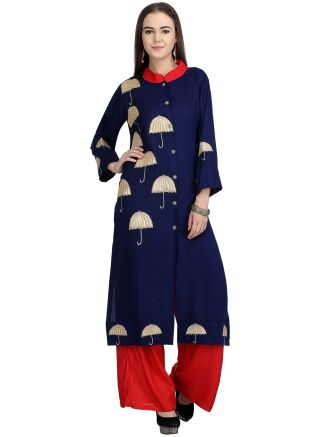 Blue Rayon Embroidered Kurta Palazzo Set