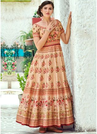 Beige Readymade Digital Floral Print Indowestern Gown