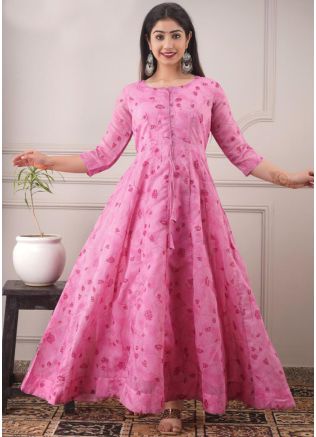 Readymade Pink Chanderi Dress With Floral Print