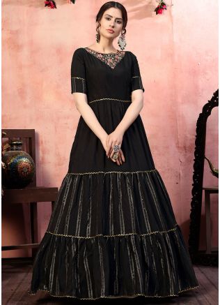 Black Art Silk Tiered Style Embroidered Gown