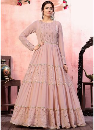 Pink Georgette Tiered Style Sequins Embellished Gown