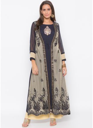 Navy Blue Embroidered Jacket Style Kurta Palazzo Set