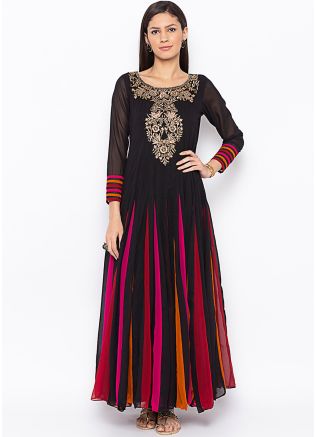 Multicolor Embroidered Long Kurta With Churidar