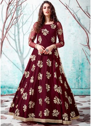 Maroon Readymade Net Gown For Party Wear