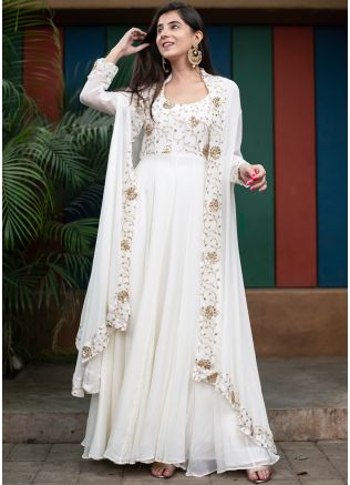 Embroidered White Readymade Gown With Jacket