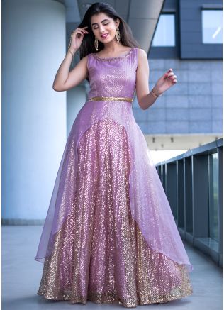 Purple Sequins Embroidered Readymade Gown In Net