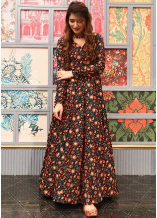 Black Floral Printed Readymade Gown In Cotton 