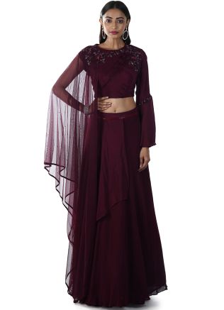 Maroon Hand Embroidered Cape Style Top with Skirt 