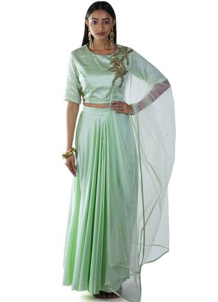 Green Hand Embroidered Top With Draped Skirt