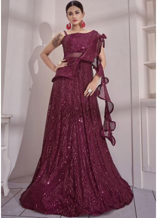 Readymade Wine Gown In Sequins Work