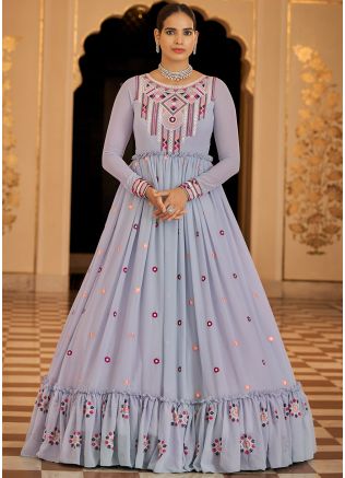 Blue Georgette Gown With Embroidery