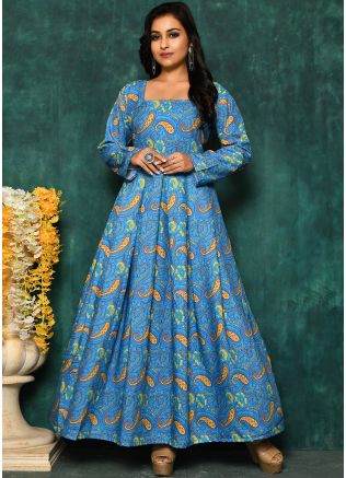 Blue Digital Printed Readymade Cotton Gown