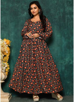 Black Floral Printed Readymade Cotton Gown