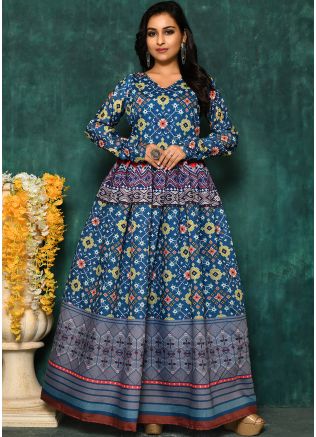 Blue Digital Printed Readymade Chanderi Gown