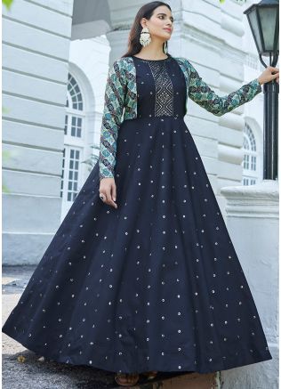 Blue Sequins Embroidered Readymade Jacket Style Gown