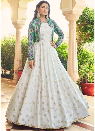 Readymade Off White Printed Cotton Gown With Jacket