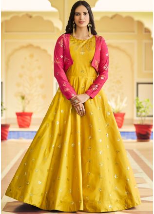 Yellow Embroidered Readyamde Jacket Style Gown In Cotton