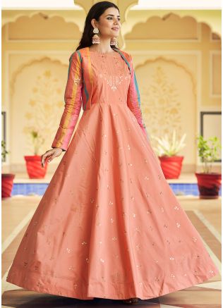 Peach Sequined Cotton Readyamde Gown With Jacket