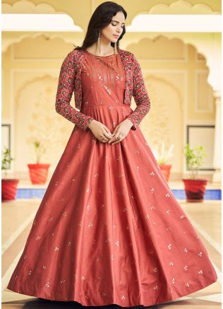 Peach Embroidered Readyamde Jacket Style Gown In Cotton