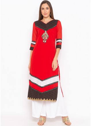 Red Embroidered Readymade Long Kurta Palazzo Set