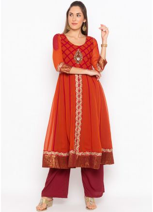 Orange and Maroon Twin Layered Flared Kurta Pant Set