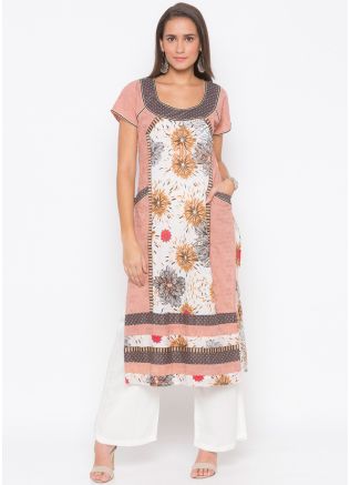 White and Peach Printed Paneled Long Kurta With Pant