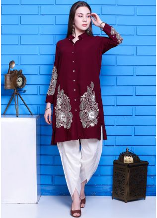 Readymade Maroon Embroidered Georgette Kurti Set