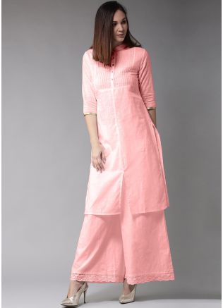 Peach Readymade Pin Tucks Kurta With Palazzo