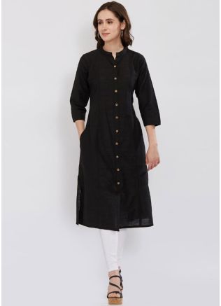 Black Readymade Rayon Buttoned Up Kurta Set