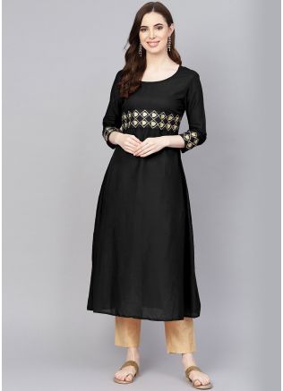 Black Readymade Rayon Long Kurta Pant Set