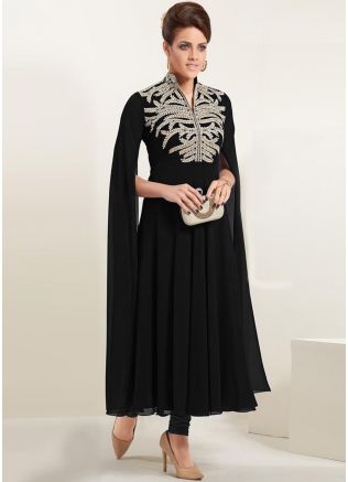 Readymade Black Embroidered Cape Sleeved Kurta Set