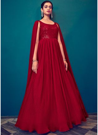 Red Embroidered Gown With Cape Style Sleeves