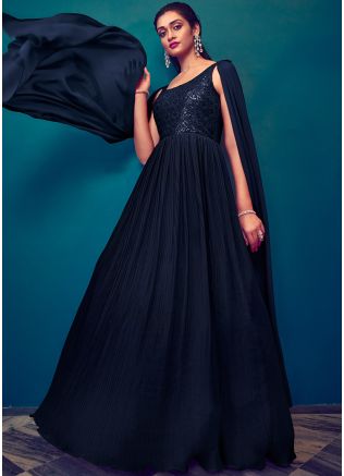 Navy Blue Embroidered Cape Style Flared Gown