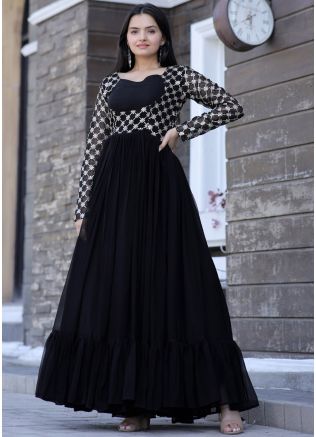 Black Embroidered Flared Georgette Gown