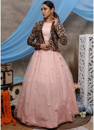 Peach Top Skirt Set With Sequins Embellished Jacket