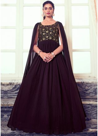 Wine Embroidered Cape Sleeved Pleated Gown