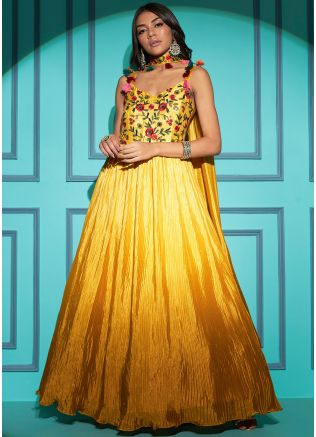 Yellow Embroidered Gown In Chiffon