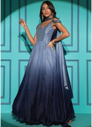 Blue Embroidered Gown With Dupatta