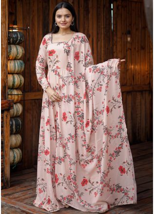 Peach Floral Printed Readymade Gown