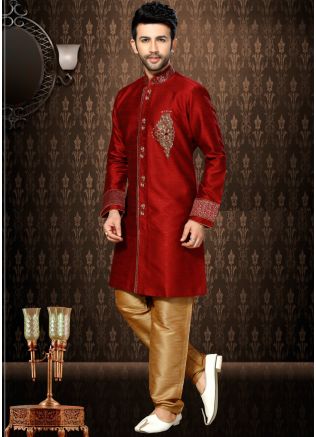 Readymade Maroon Art Silk Indo Western Sherwani