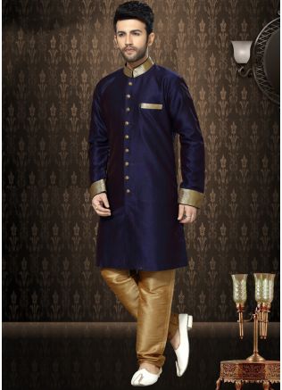 Buy Readymade Indian Dark Blue Art Silk Wedding Sherwani Dress for Men Online in USA